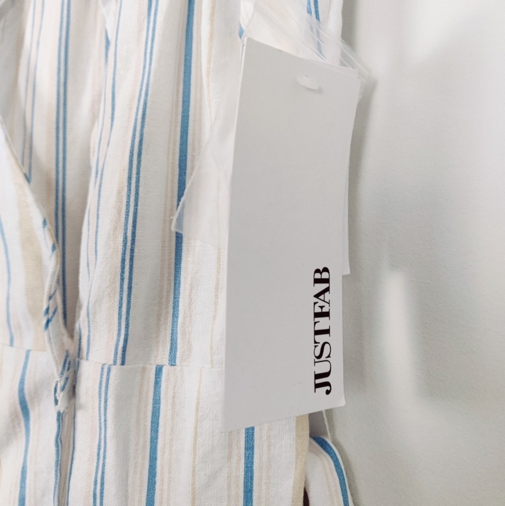 JustFab Women's Striped Ruffle Wrap Mini Dress Size Large NEW Linen Cotton - Picture 7 of 14